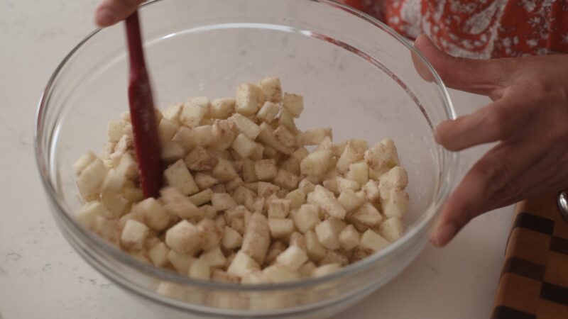 Small apple pieces are mixed with sugar and cinnamon in a bowl.