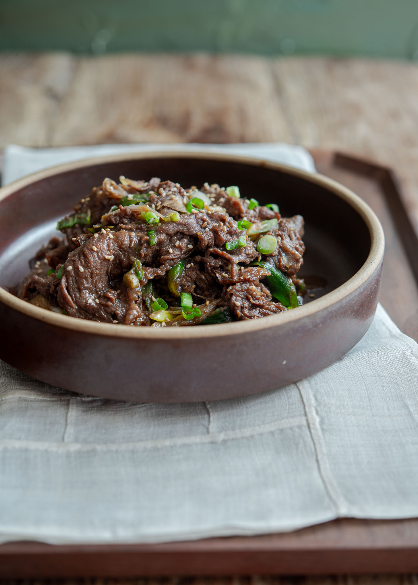 Korean BBQ beef in a serving dish.