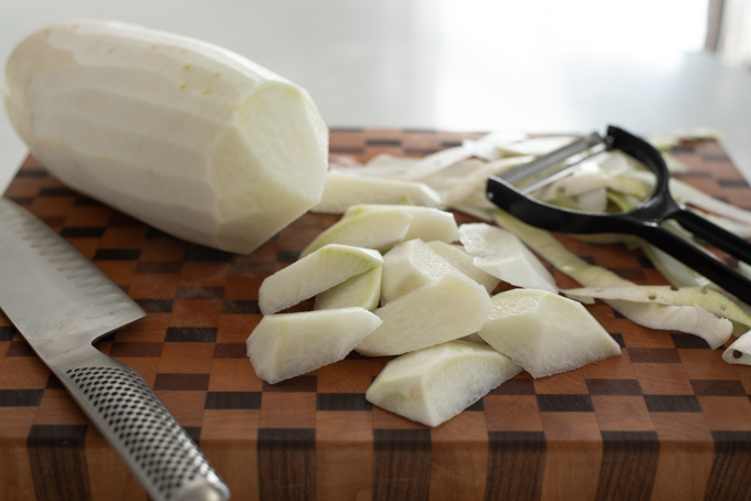 Korean radish cut into irregular size and shape makes the soup more interesting