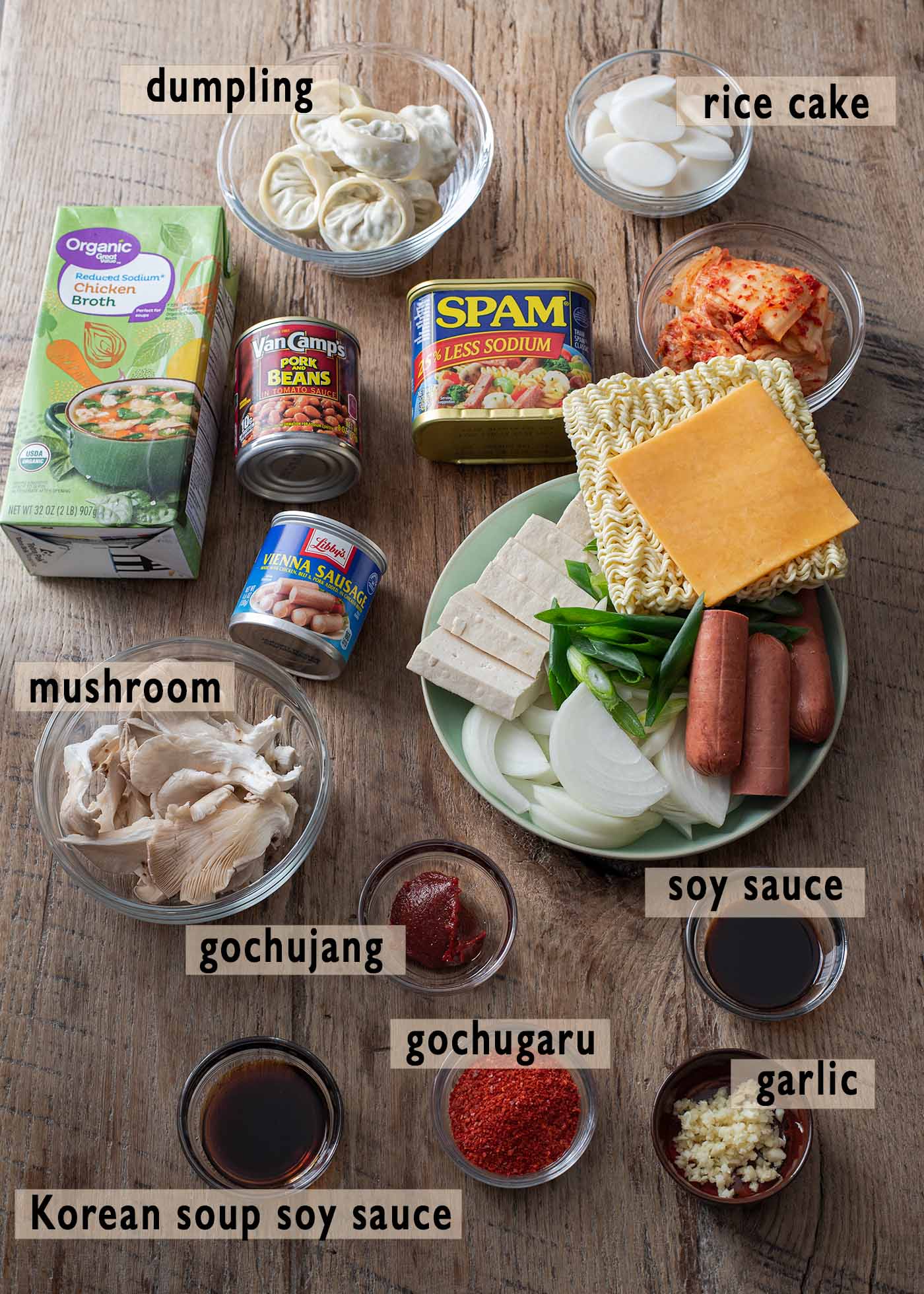 Ingredients for making budae jjigae, army stew.