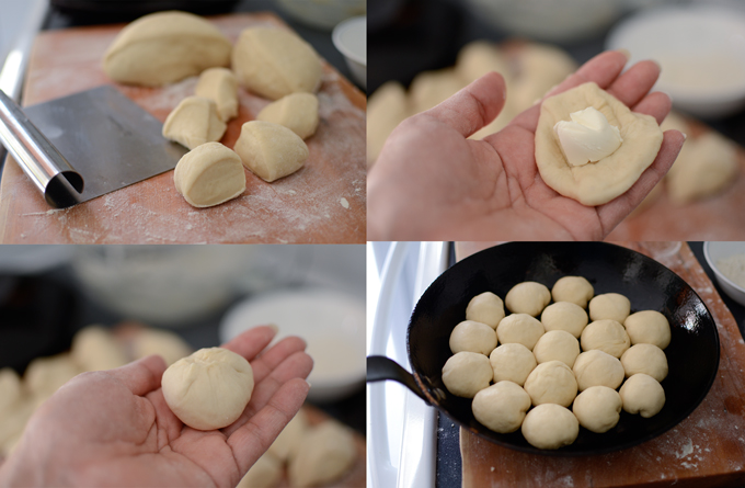 A dough is cut and formed into balls, then filled with cream cheese and placed in a skillet.