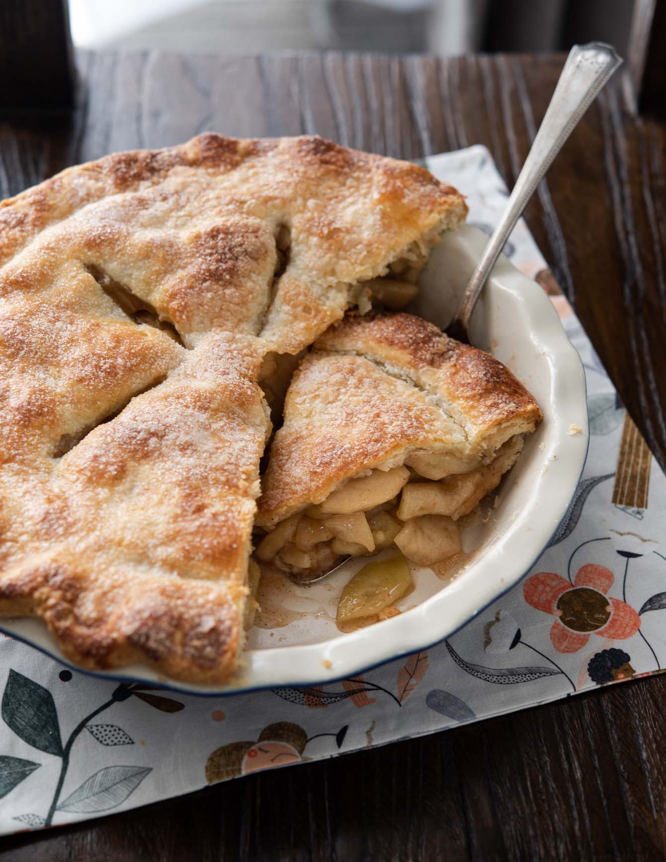 apple pie made in deep dish pie pan.
