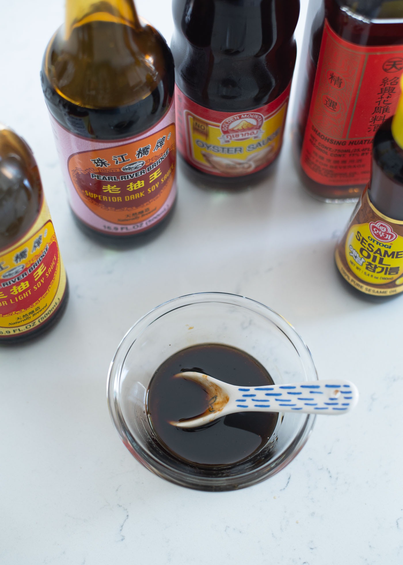 Sauce ingredients for Hong Kong pan-fried noodles in a small bowl.