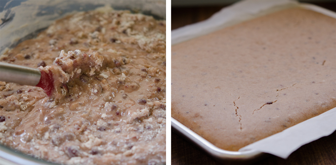 Red bean rice cake batter is mixed and baked.