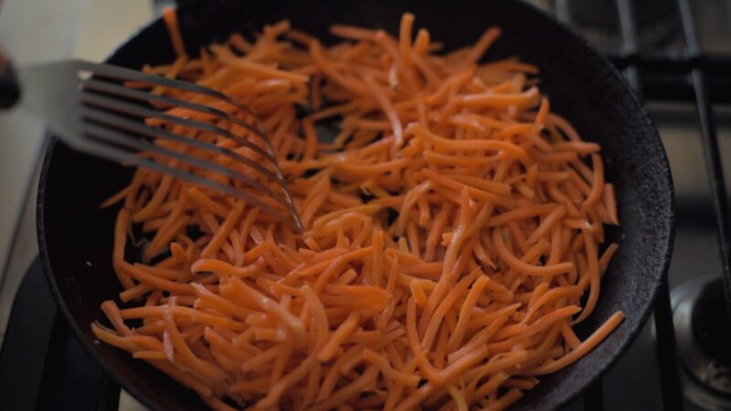 Shredded carrots for making Korean seaweed rolls.