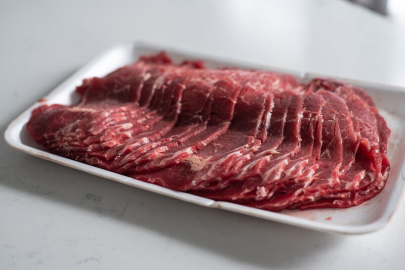 Thinly sliced beef sirloin used for making traditional bulgogi (Korean BBQ beef).