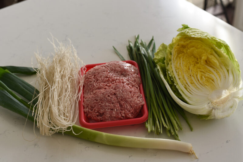 Pork, cabbage, chives, Asain leeks, Korean sweet potato noodles make a wonderful filling for mandu.