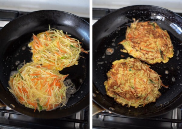 Egg and vegetable omelette for making Korean street toast are cooked in a skillet.