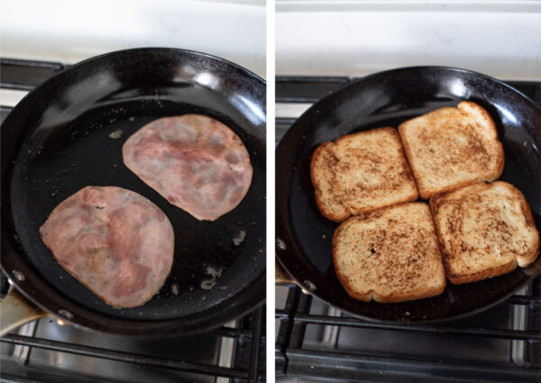 Ham slices are heated and bread slices are toasted in a skillet.