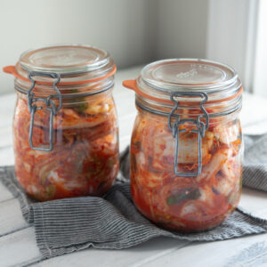 Cabbage kimchi (Mak-kimchi) is fermenting in two glass jars