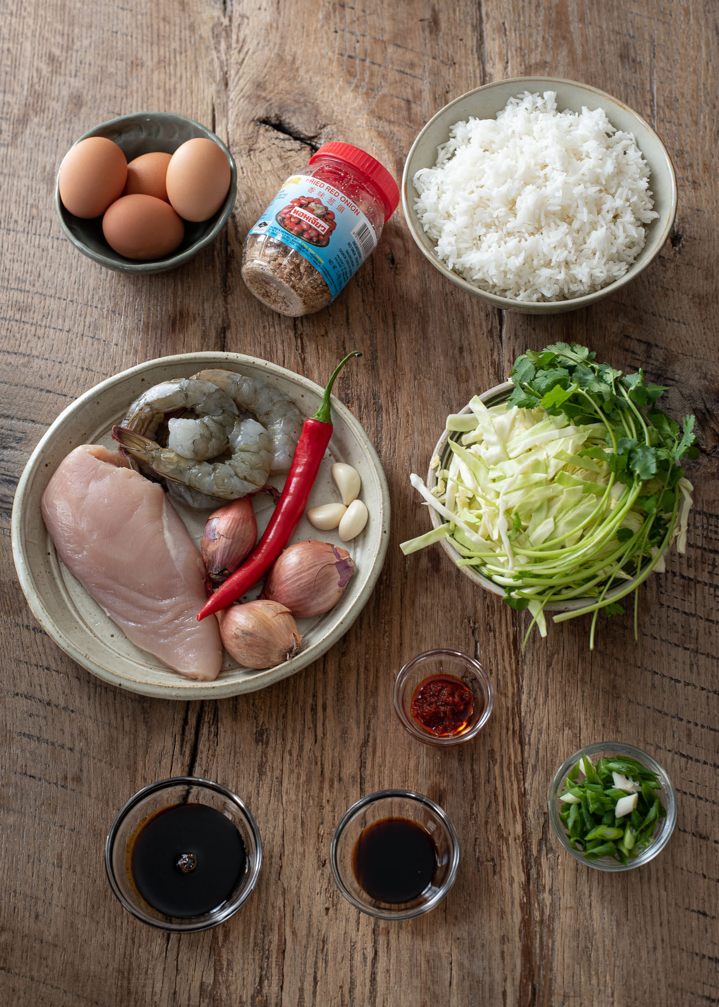 Ingredients for making Nasi Goreng, Indonesian fried rice.
