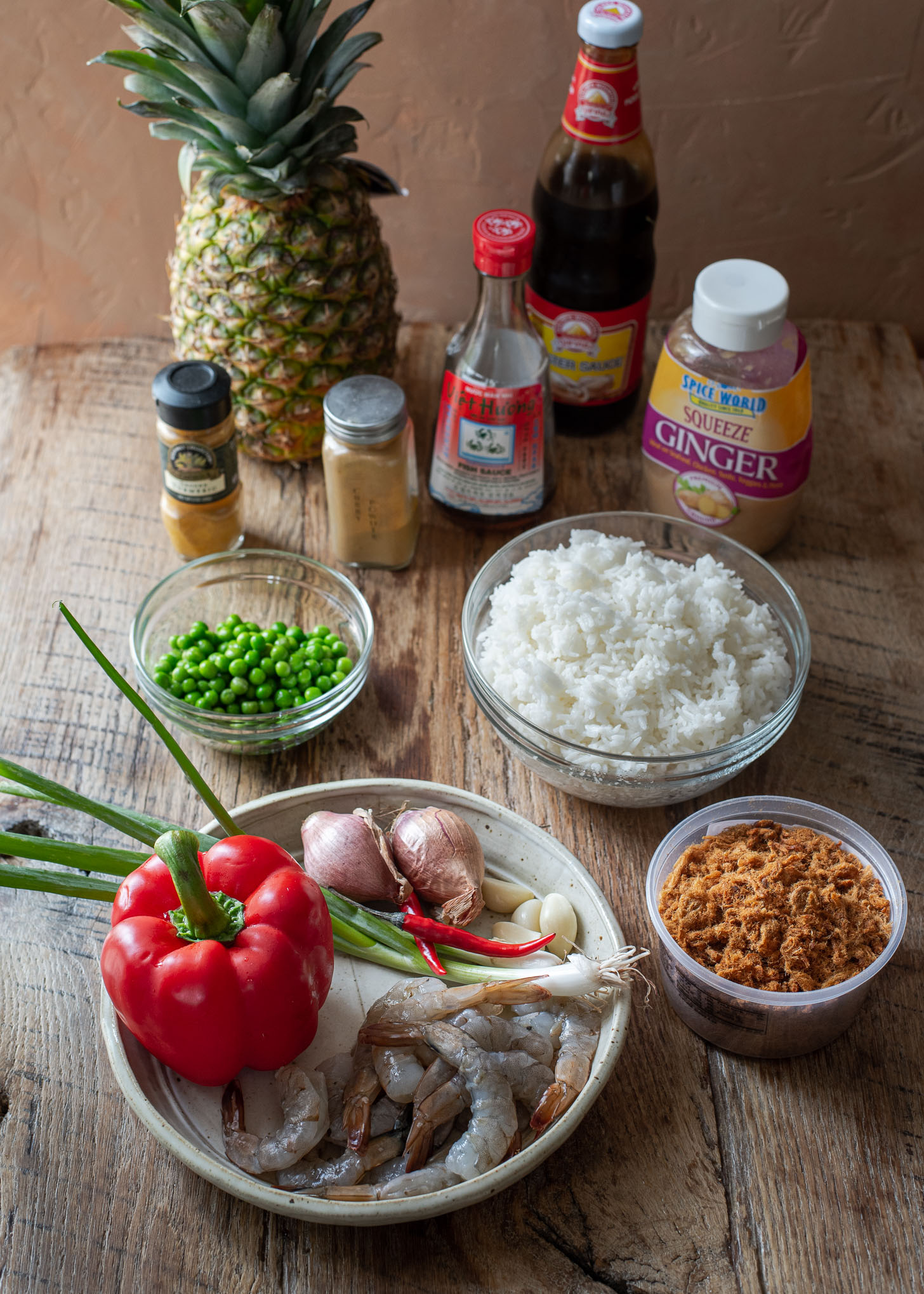 Ingredients for making Thai pineapple fried rice.