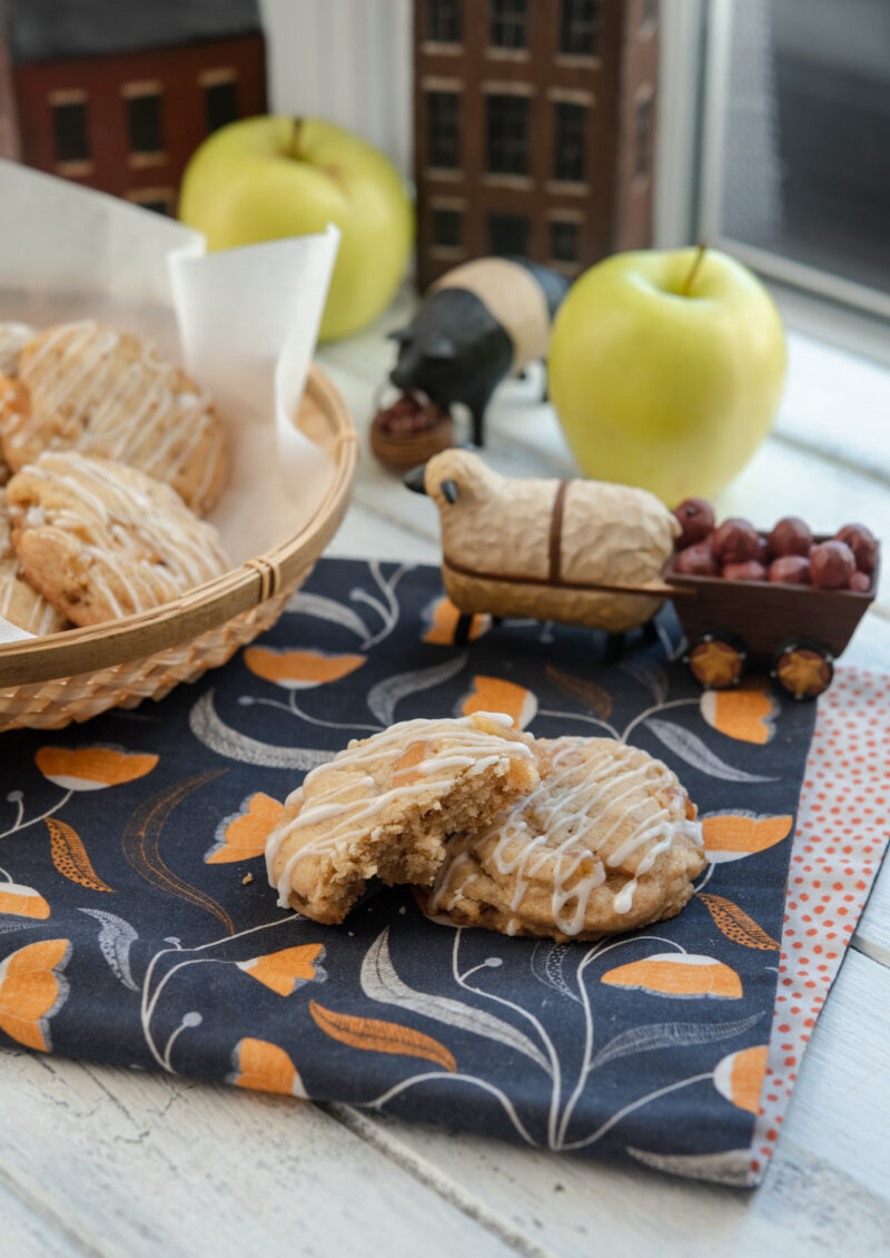 Apple cookies on a blue and orange napkin shows soft texture inside