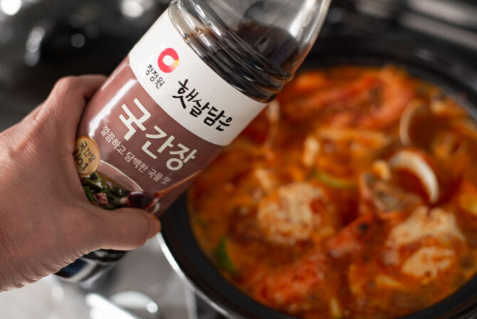 Korean soup soy sauce to season sundubu jjigae (Korean tofu stew)