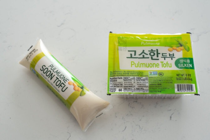 Two types of Korean silken tofu are in their package